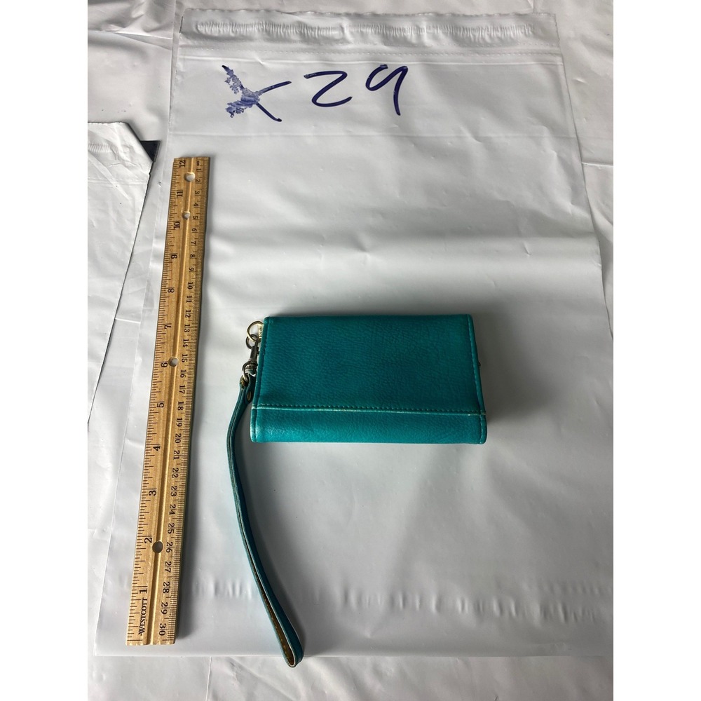 Teal Blue‎ Faux Leather Wristlet Wallet Gold Interior Zip Around Card Organizer